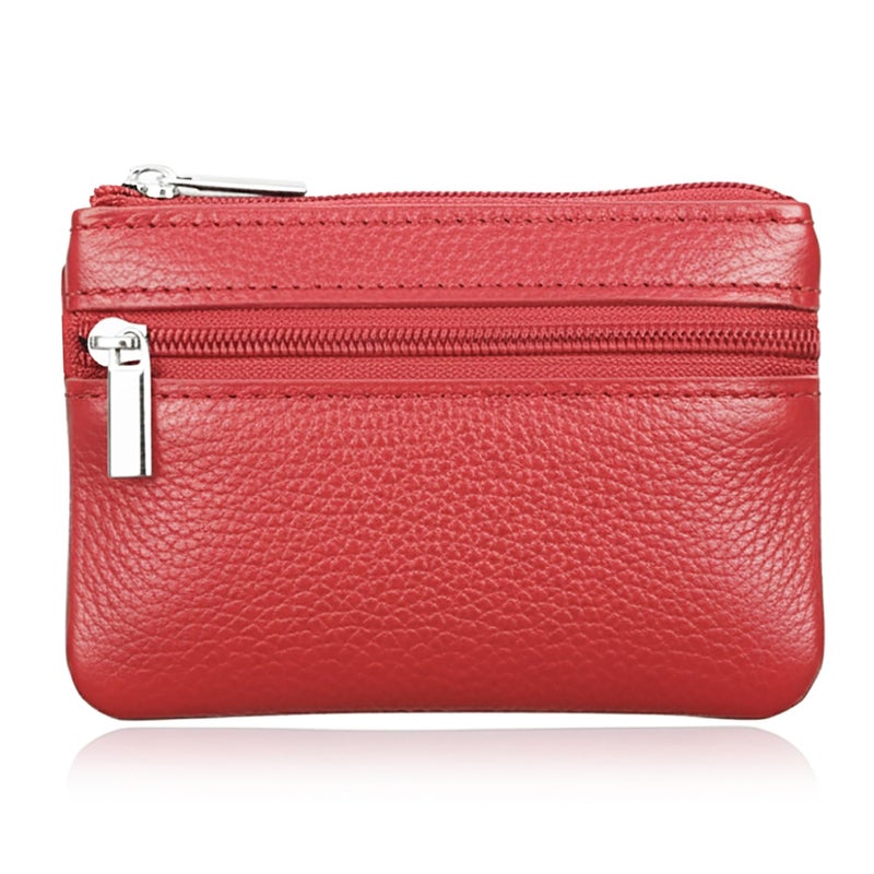 Hibate Red Small Leather Coin Purse Change Pouch for Women Men Kids with Zip Key Ring - Image 1
